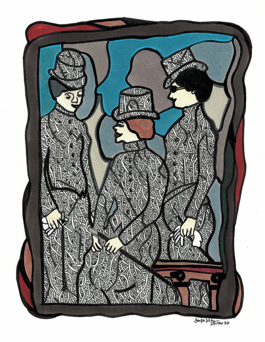 Three Ladies with top hats having a conversation!